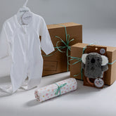 Little Kelly new mum and baby gift box with soft toy rattle and Australian made muslin and organic growsuit
